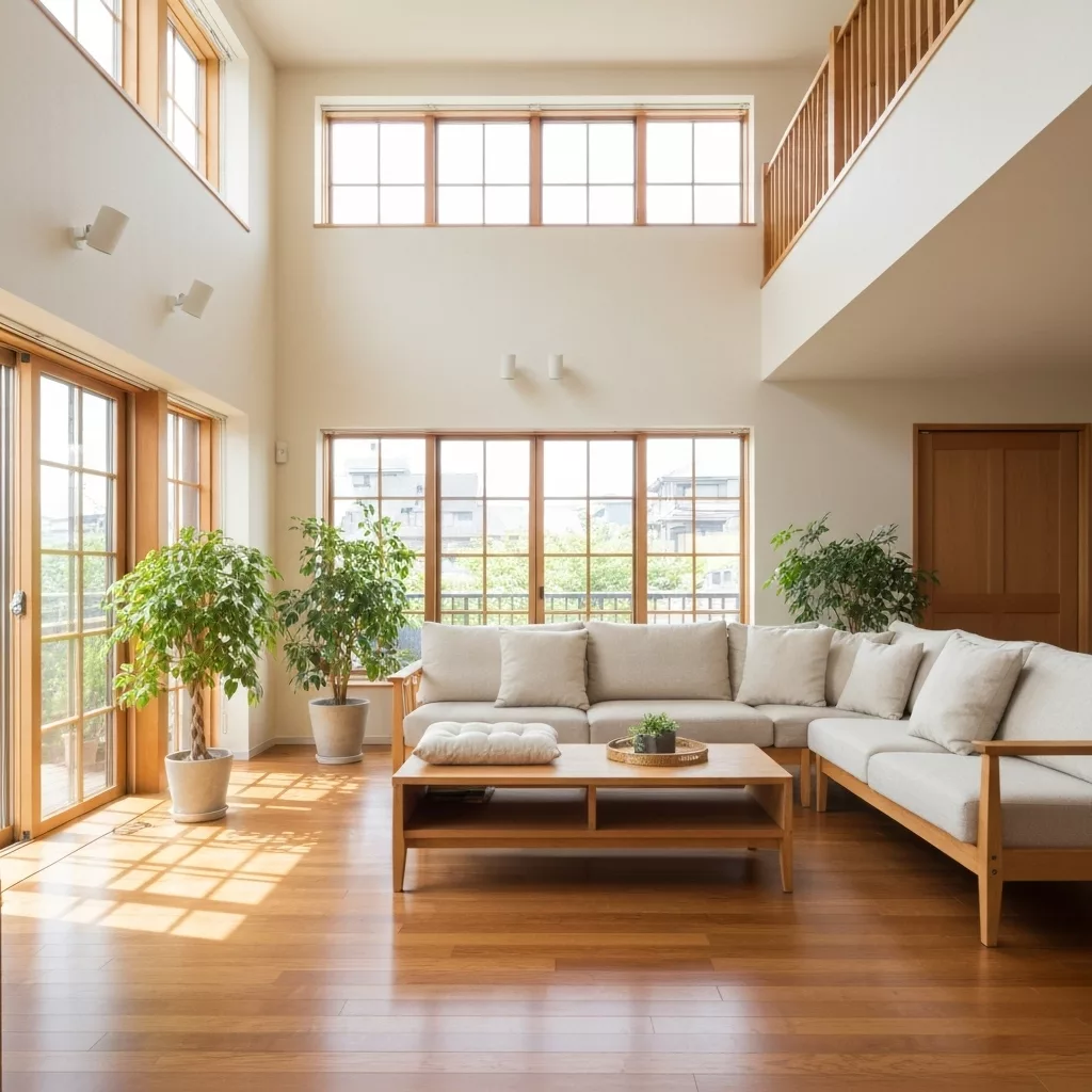 A bright, modern Japandi style living room with natural light, staged perfectly for an Airbnb listing, taken from a chest-height angle.