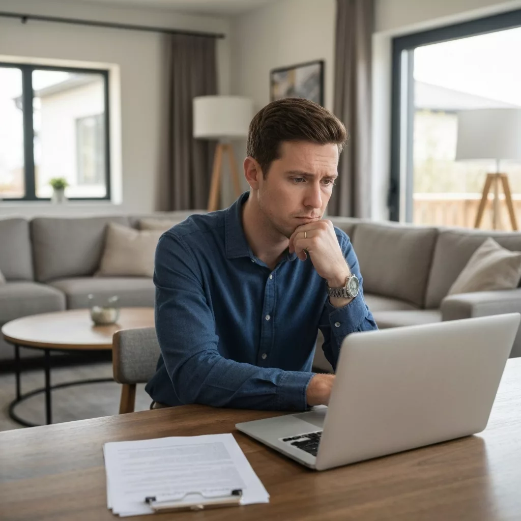 Realistic photo of a property owner analyzing financial documents and a laptop with a calculator, looking thoughtful yet focused in a modern living room setting.