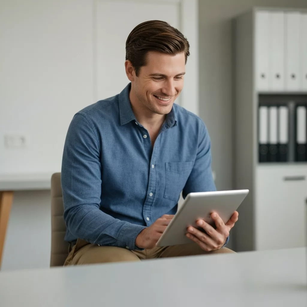 Propriétaire immobilier détendu consultant sa tablette dans un salon style Japandi lumineux et moderne