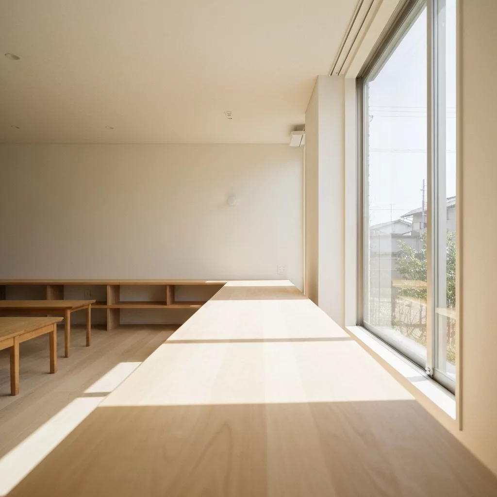 A serene, modern living room with Japandi style decor, sunlight streaming effectively, representing high-quality property management standards