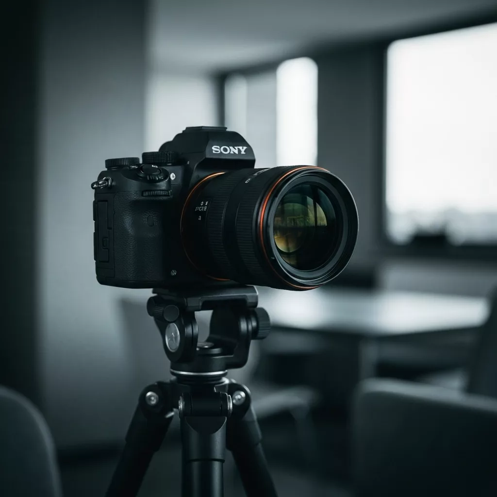 Close up of a professional camera with a wide angle lens on a tripod inside a modern apartment.