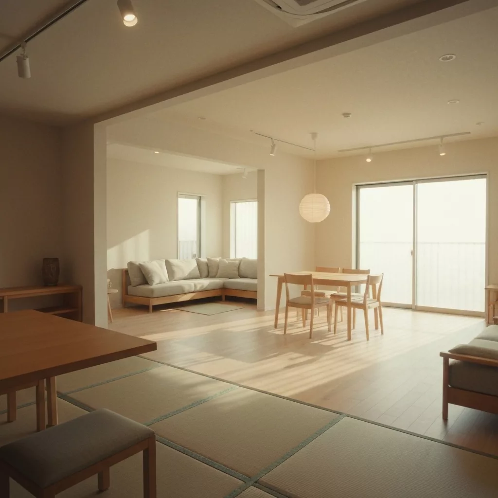 A wide-angle shot of a beautifully staged Japandi style living room with natural light streaming in, showing high-end furniture and clean lines.