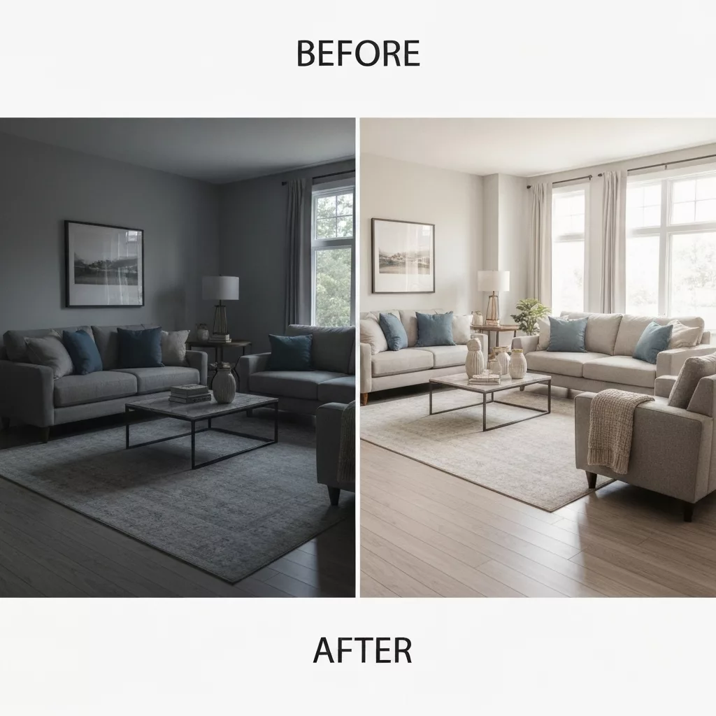 Before and after comparison of a photo editing showing brightness and vertical correction