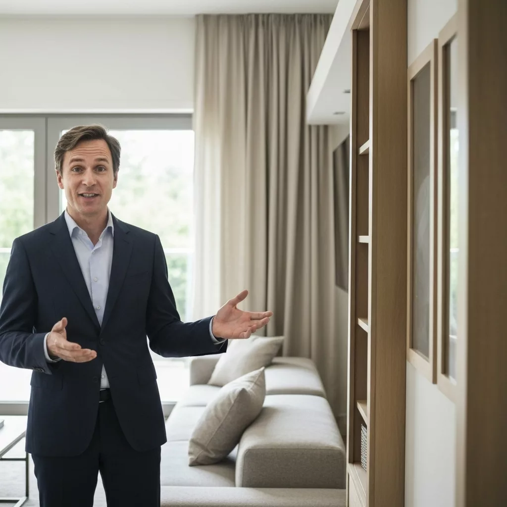 A professional property manager organizing a modern, Japandi-style living room for a guest arrival, highlighting precision and calm.