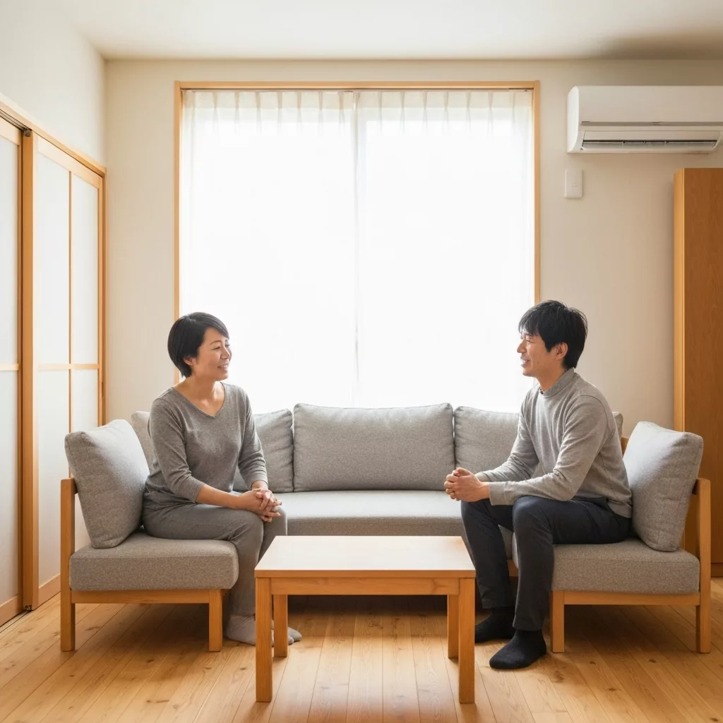 Propriétaire discutant sereinement avec un gestionnaire immobilier dans un salon au style Japandi épuré et lumineux
