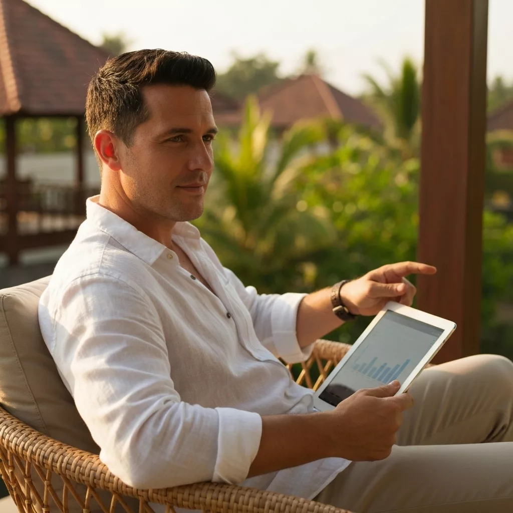 A relaxed expatriate owner looking at their tablet on a terrace in Bali, checking rental income, calm atmosphere