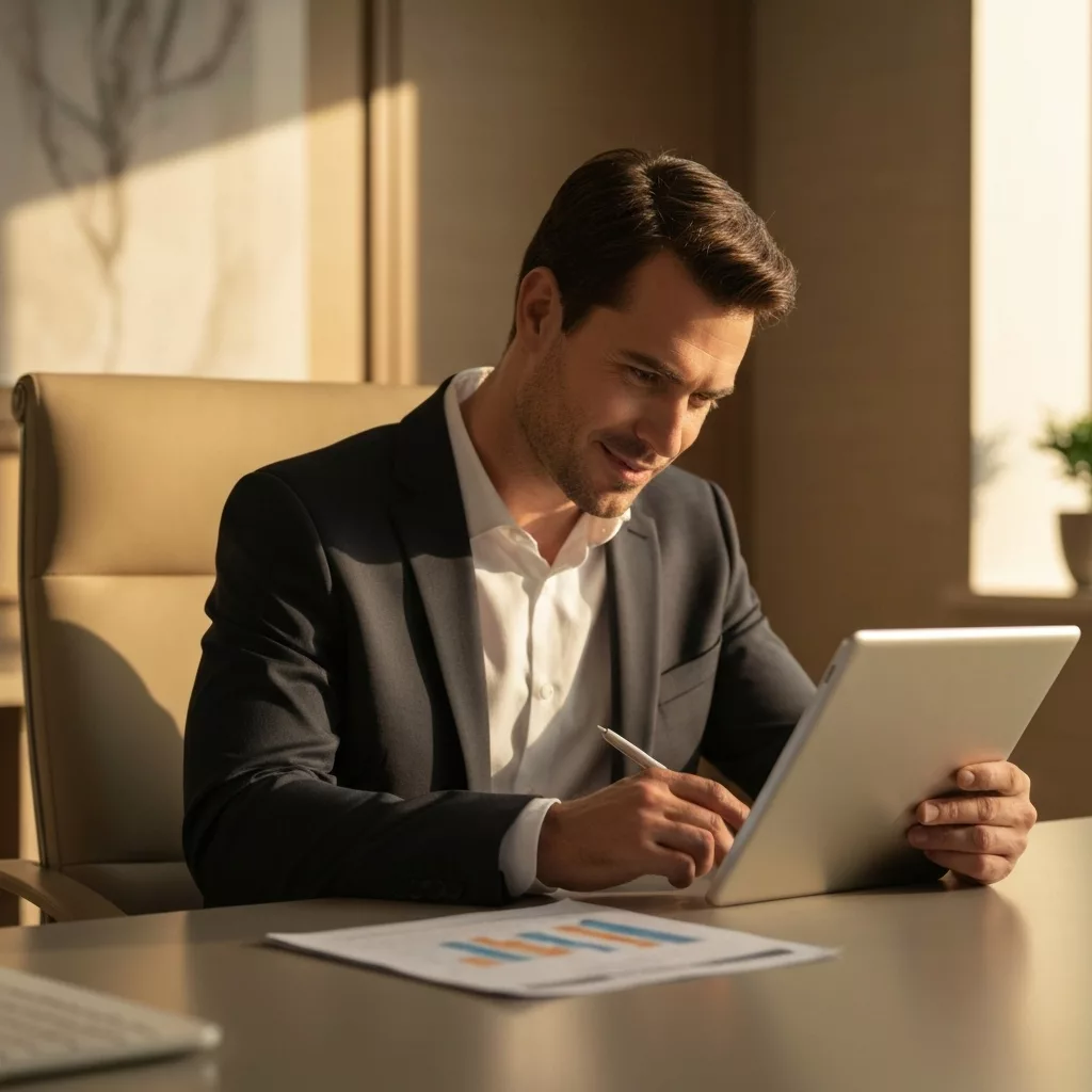 Propriétaire immobilier analysant un rapport financier sur une tablette avec un café, ambiance sereine et professionnelle