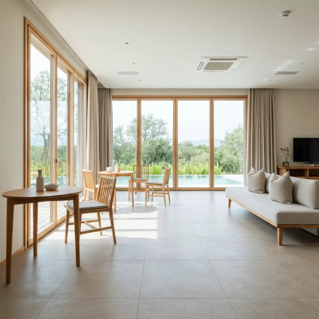 Intérieur de salon style Japandi impeccable et lumineux prêt à accueillir des voyageurs