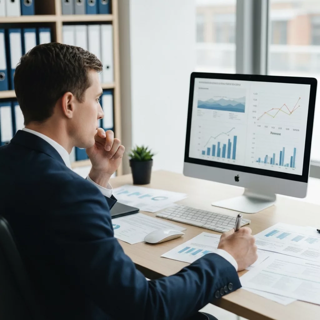 Property owner analyzing financial documents and laptop screen showing revenue graphs in modern home office, natural lighting, thoughtful expression