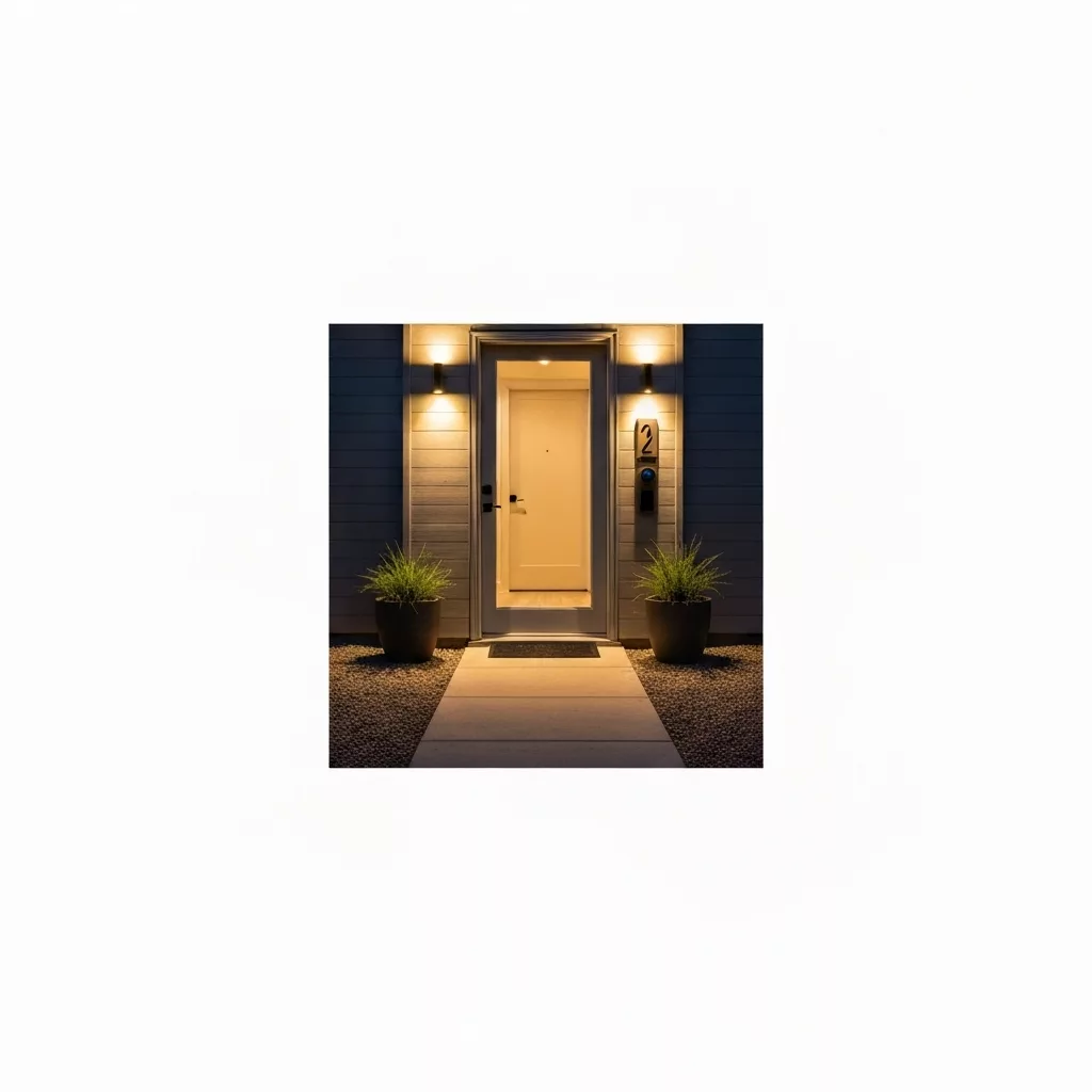 Night time view of a cozy Airbnb entrance with smart lock access lighting up