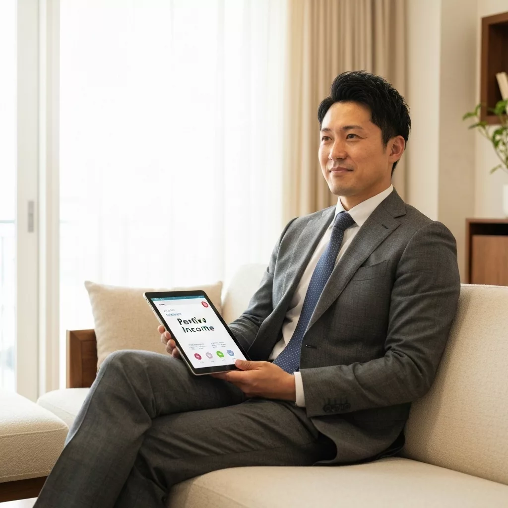 Happy property owner relaxing while holding a tablet showing positive rental income dashboard