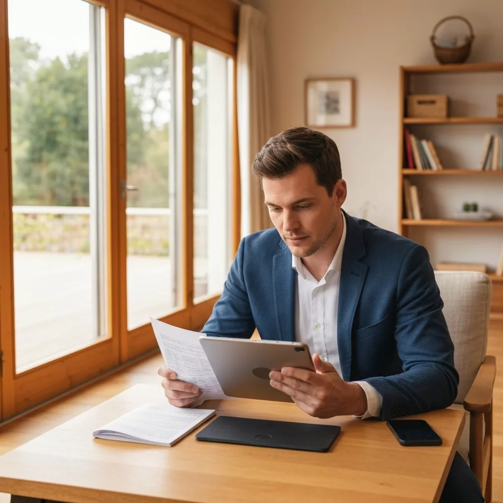 A close-up, hyper-realistic shot of a thoughtful property investor analyzing a spreadsheet on a tablet in a cozy, Japandi-style living room, highlighting the contrast between financial data and interior design comfort.
