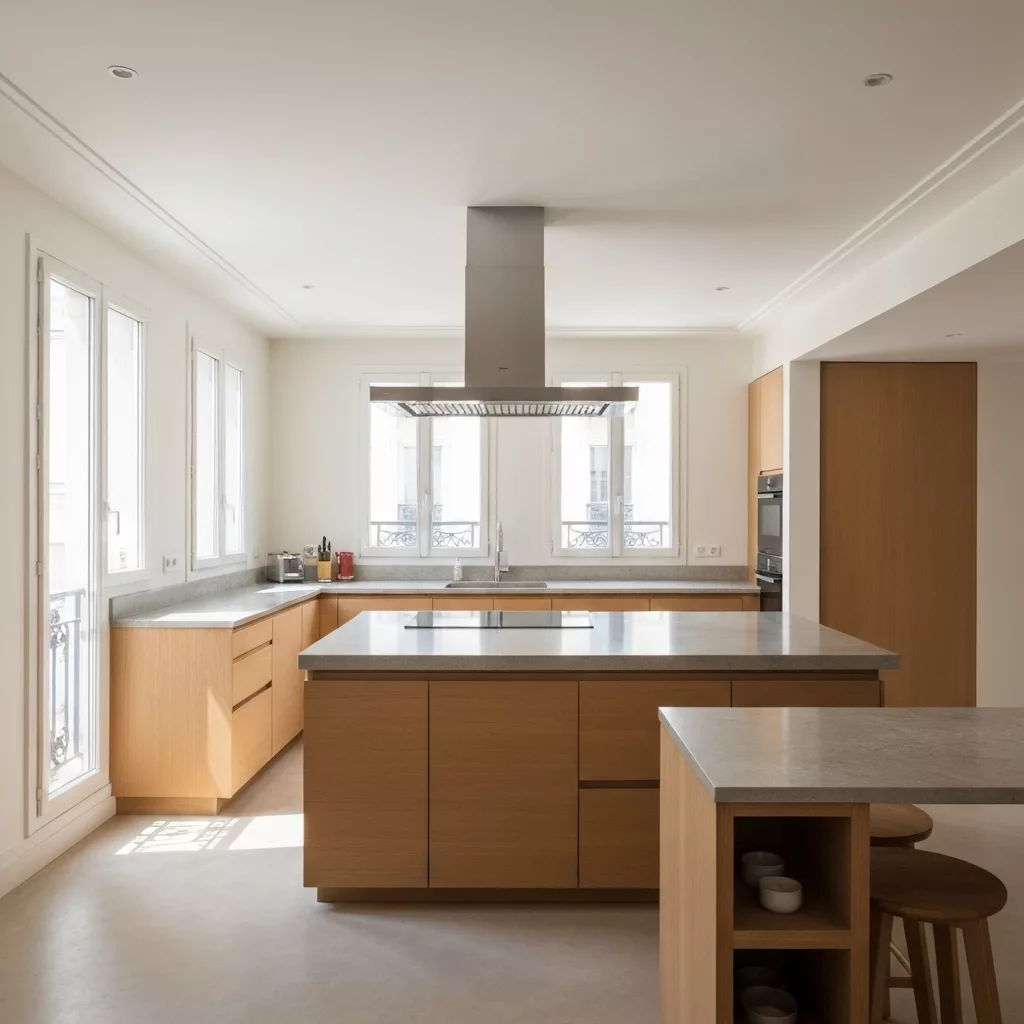A bright, modern living room in a Parisian apartment with Japandi style decor, sunlight streaming through large windows, showcasing high-end rental appeal