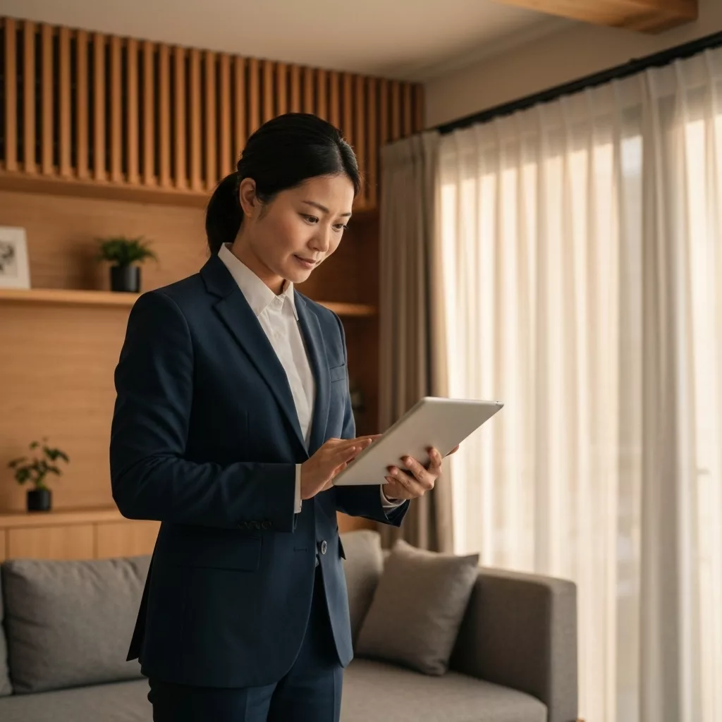 A professional property manager in a modern Japandi style living room analyzing revenue data on a tablet, sunlight streaming through sheer curtains