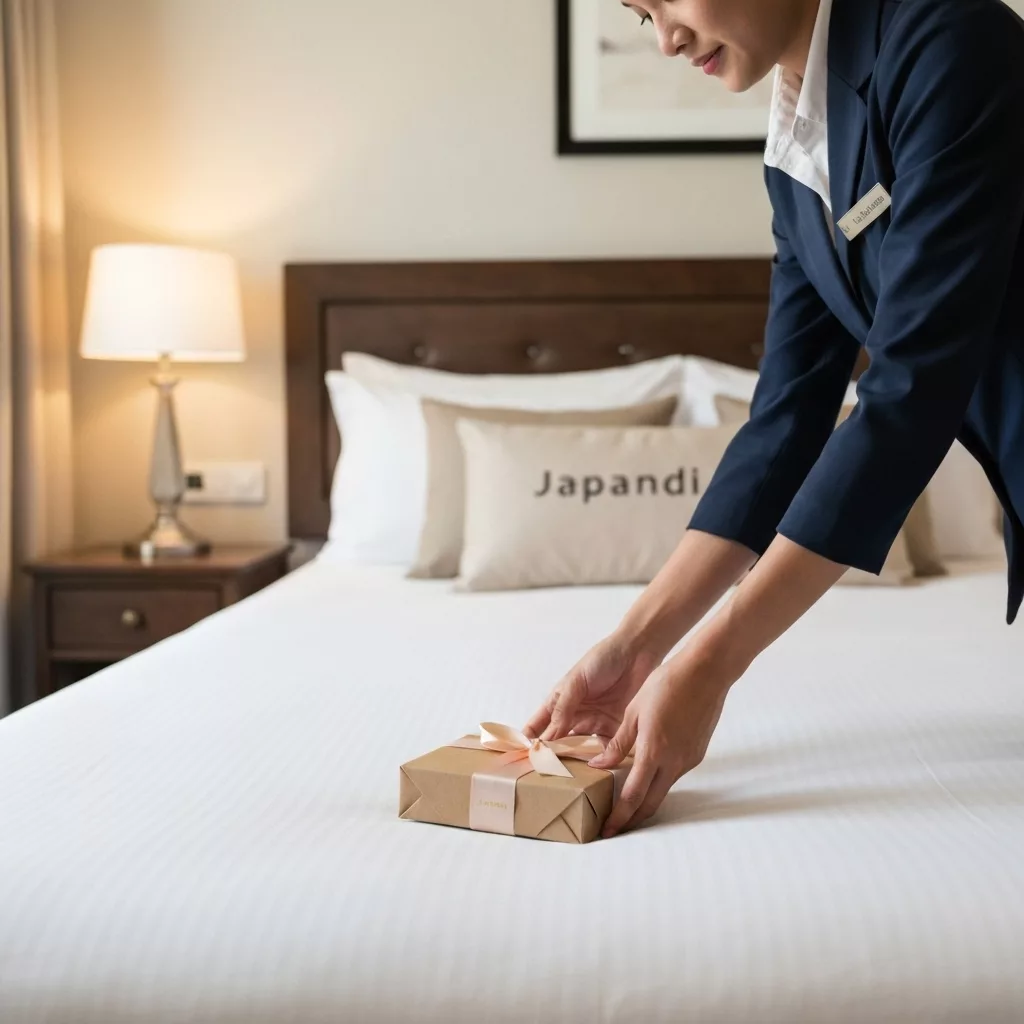 Authentic shot of a Japandi concierge team member inspecting a flawlessly prepared bedroom placing a welcome gift