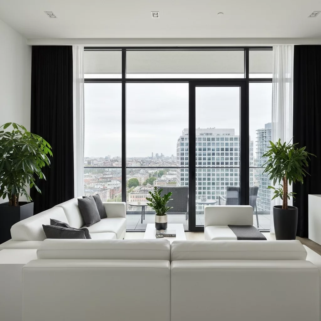 A wide real-estate style photo of a modern, bright living room with Japandi decoration, minimalist and inviting, showing high-end aspect of a rental.