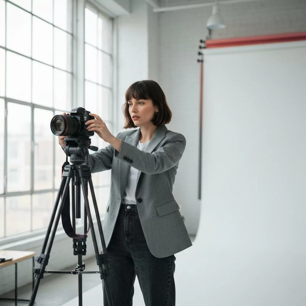 Professional photographer taking pictures of a bedroom interior with a tripod and DSLR camera, showcasing the backstage of listing creation.