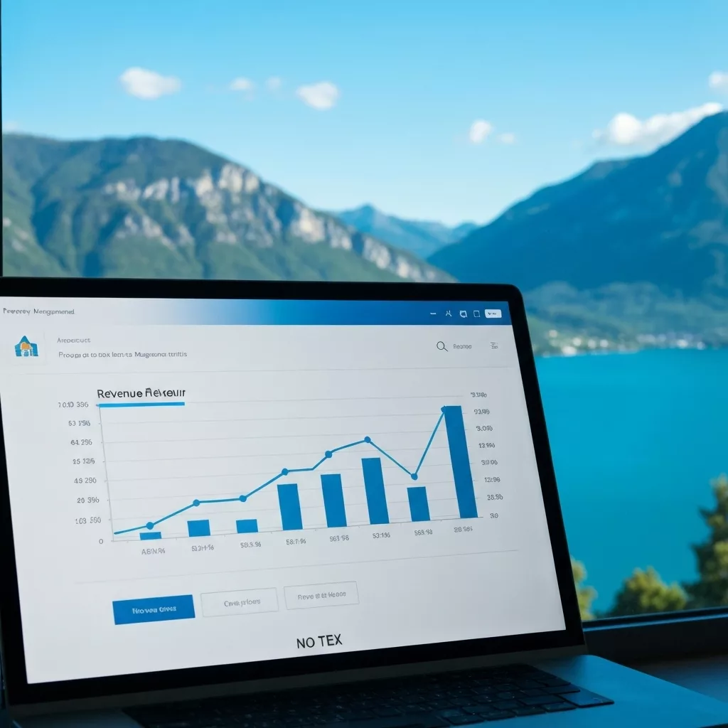 High-end reliable property management dashboard showing revenue growth in Annecy with mountains in background