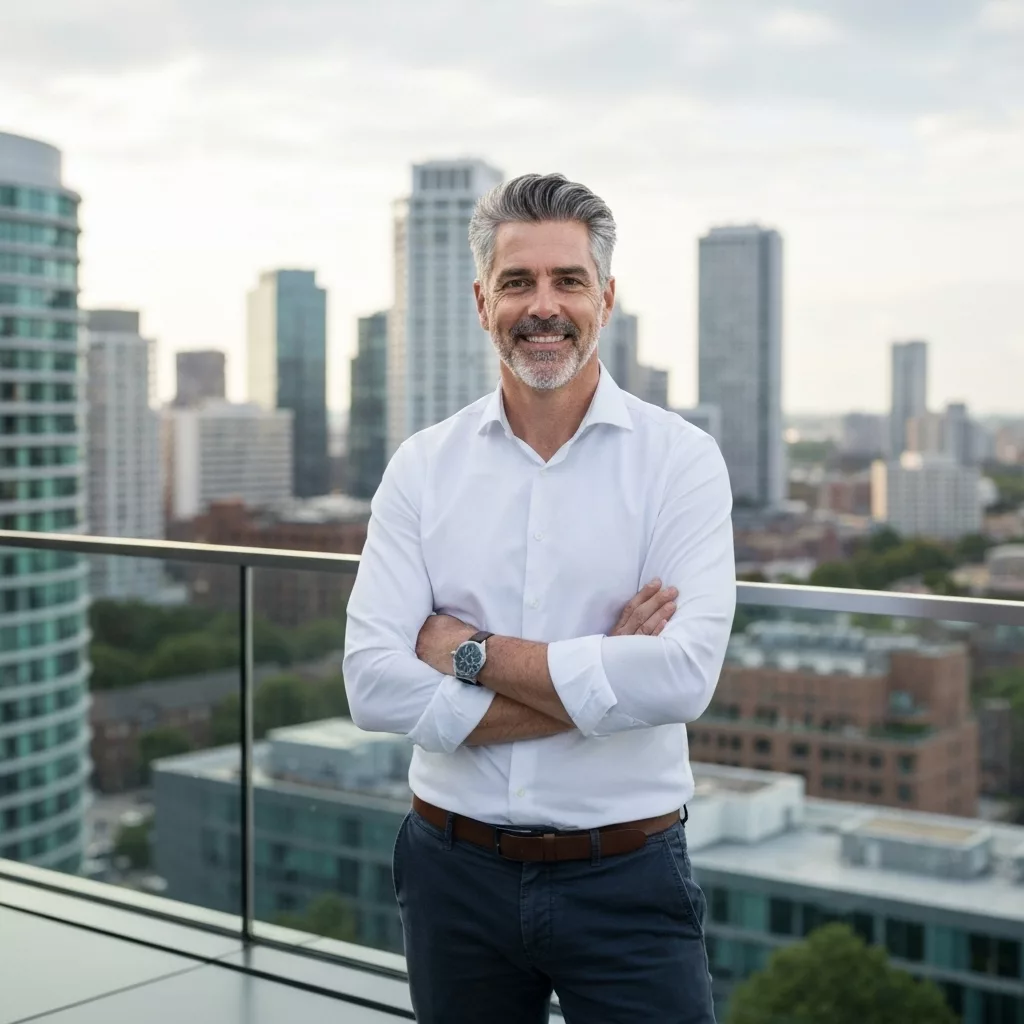 A professional property owner analyzing real estate data on a tablet in a modern apartment in Lyon France
