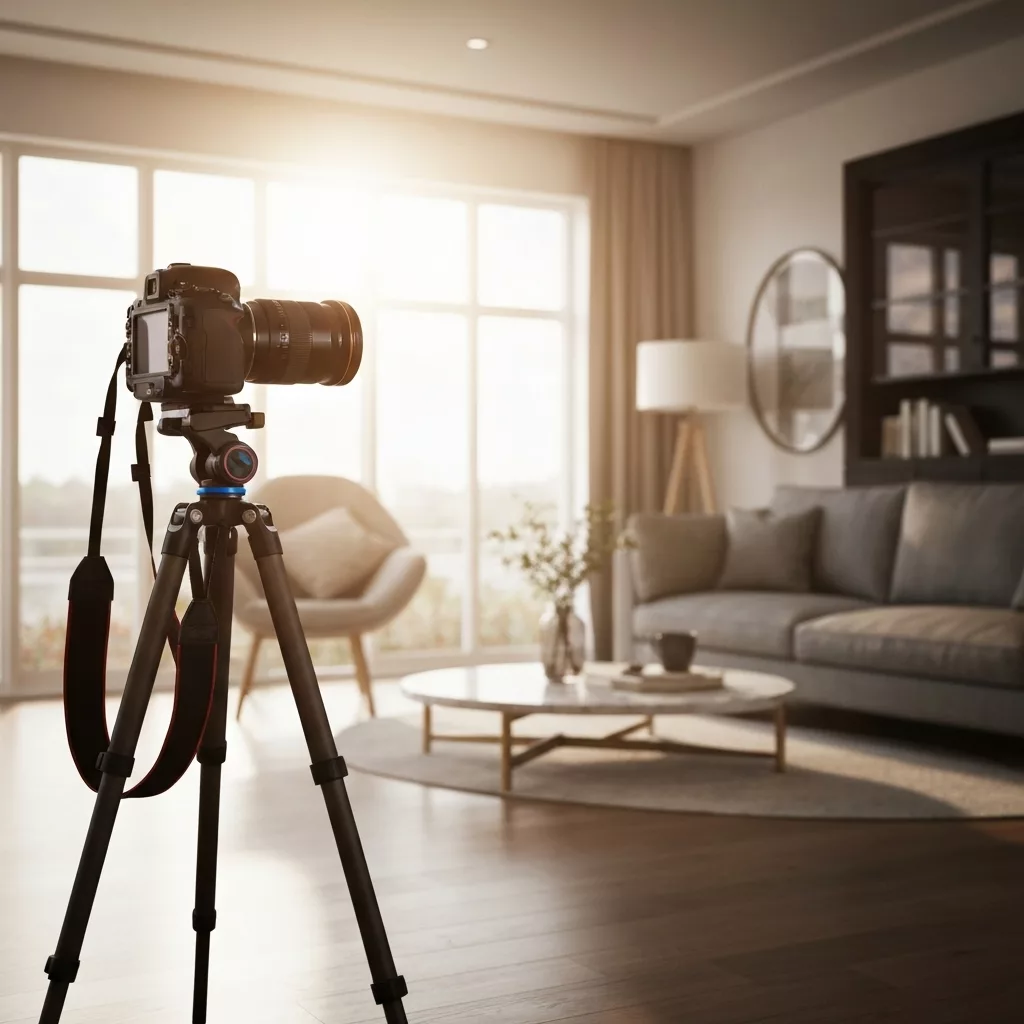 Real estate photographer taking picture of a bright modern living room with tripod