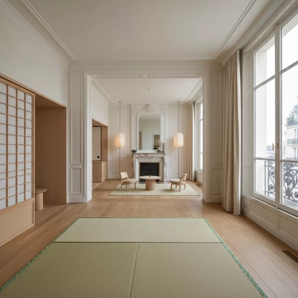 Interior design of a luxury apartment in Paris with warm Japandi style lighting and furniture