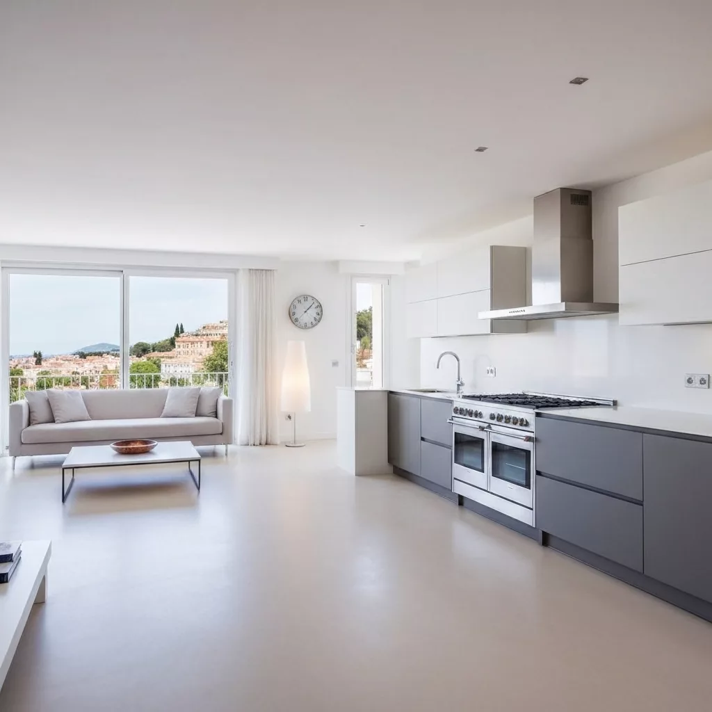 High-end luxury apartment interior in Nice with sea view, sunny living room, styled for Airbnb