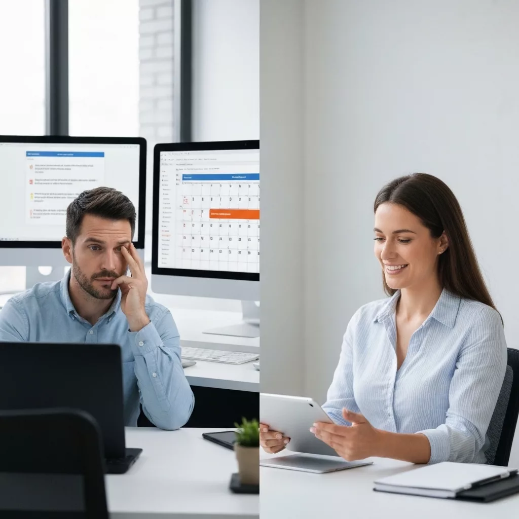 A stressed property owner looking at multiple screens with conflicting calendars and notifications, contrasting with a calm owner using automation