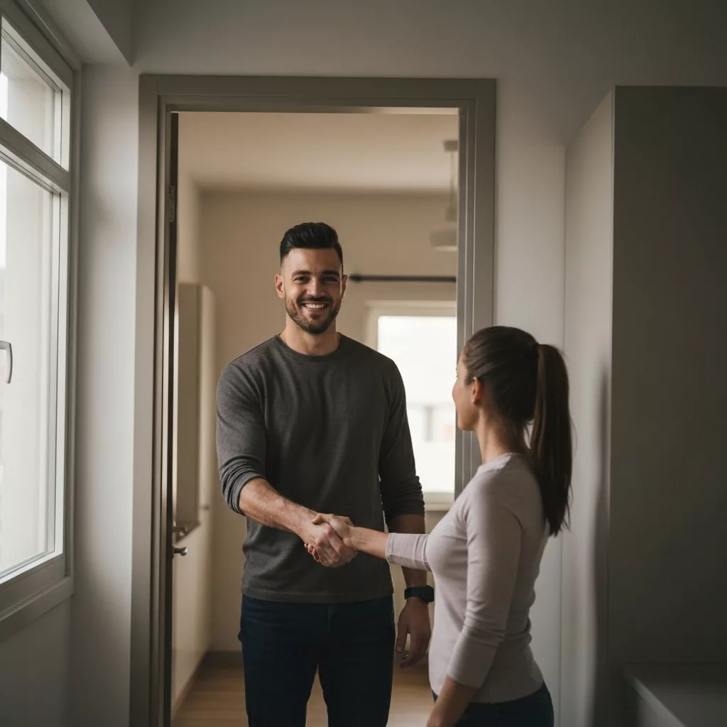 Two people shaking hands warmly in a modern apartment doorway, illustrating the personal connection in guest hosting