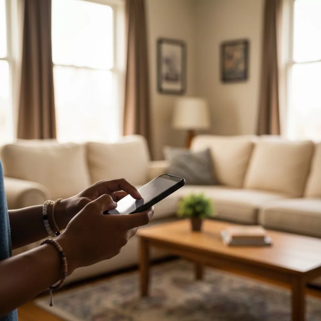 Close up of a person typing a warm message on a smartphone with a cozy blurred living room in the background, representing responsive host communication