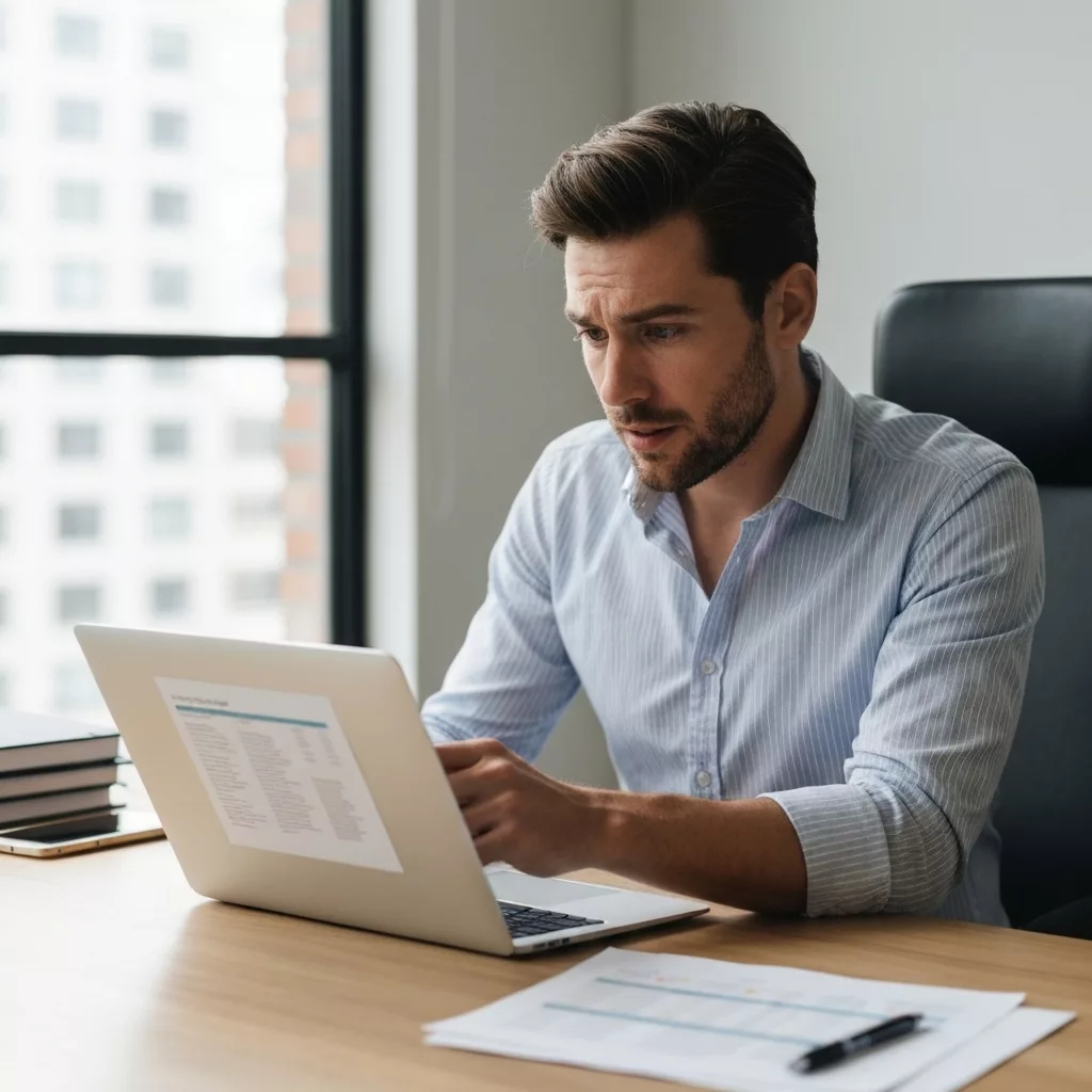 Vacation rental owner sitting at desk looking concerned while reviewing empty booking calendar on laptop screen, modern home office with window light