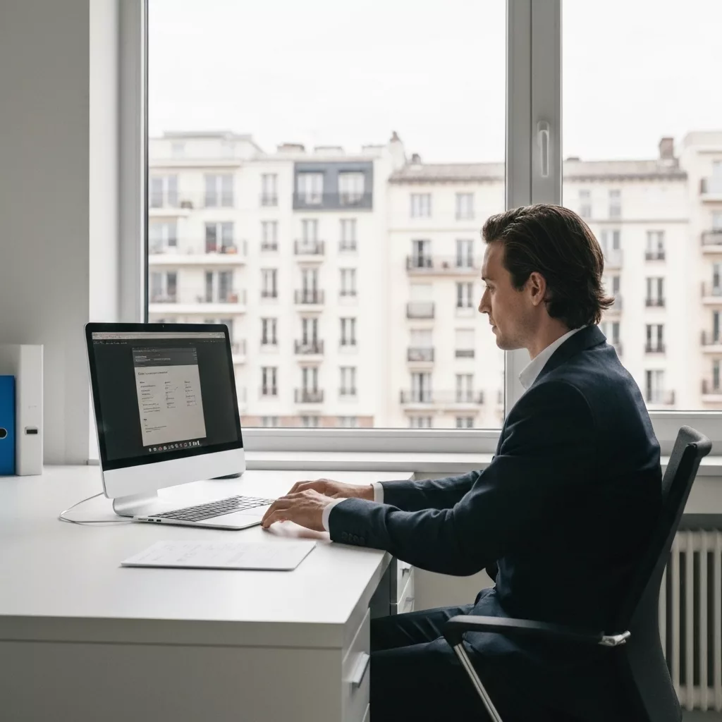 Property manager working at modern desk with laptop showing rental analytics, urban apartment visible through window, natural lighting, professional atmosphere