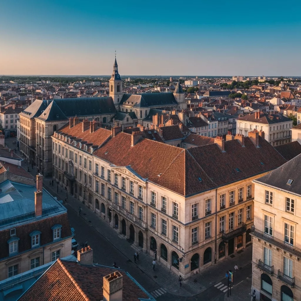 Aerial view of Dijon's colorful tiled rooftops and historic center with Palais des Ducs, golden hour sunlight casting warm shadows on medieval architecture and bustling streets below