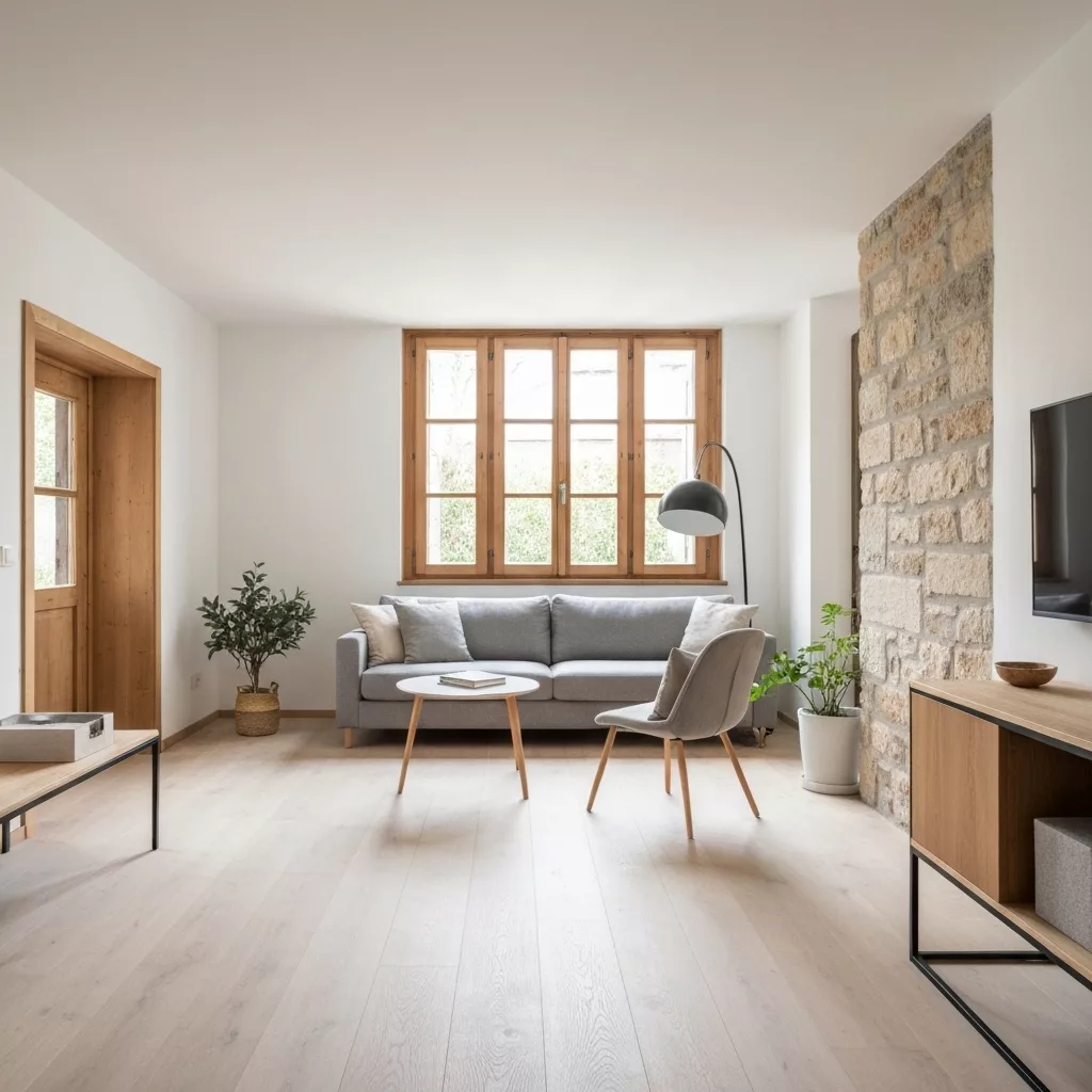 Elegant Bordeaux apartment interior with exposed stone walls, modern furnishings, large windows with natural light, and wine region décor