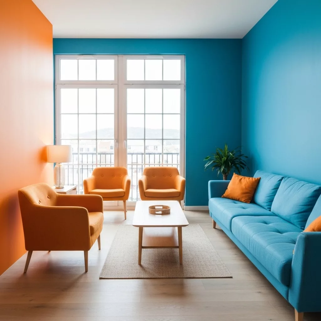 Luxurious modern Airbnb living room with minimalist Japandi design, natural light streaming through large windows, comfortable seating and clean aesthetic