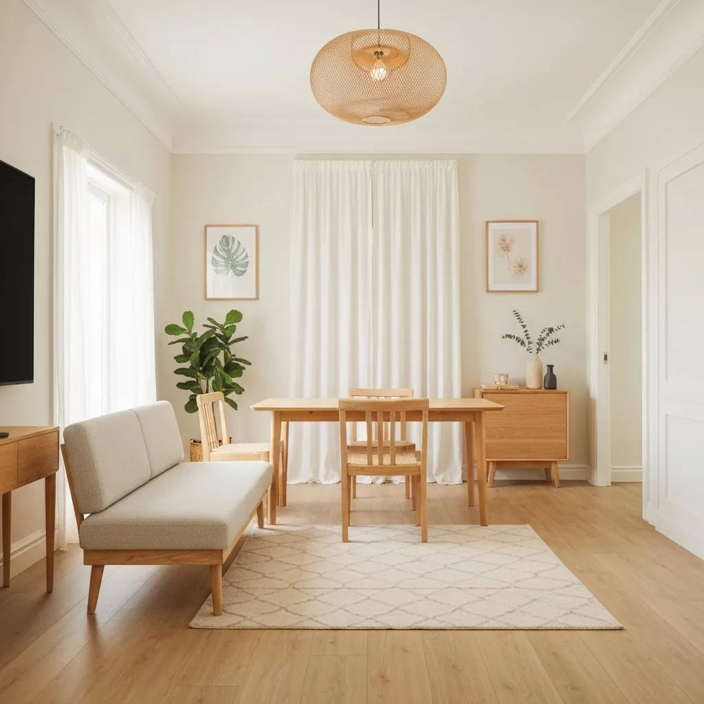 Modern Airbnb rental interior with minimalist Japandi design elements, featuring natural wood furniture, neutral tones, clean lines, soft lighting, and carefully curated decor that creates an inviting atmosphere for potential guests browsing rental listings