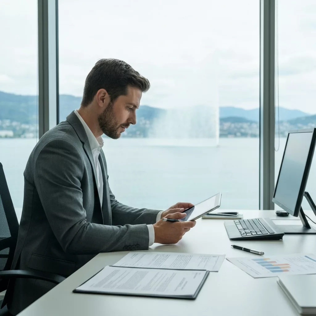 Professional property manager in modern Geneva office reviewing regulations on tablet with authentic Lake Geneva waterfront and Jet d'Eau visible through large windows, natural daylight, business setting with property documents on desk