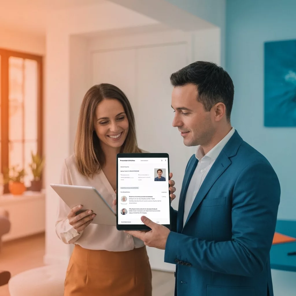 Professional property manager smiling while checking 5-star reviews on tablet device in bright, modern Airbnb living room with minimalist Japanese-Scandinavian decor