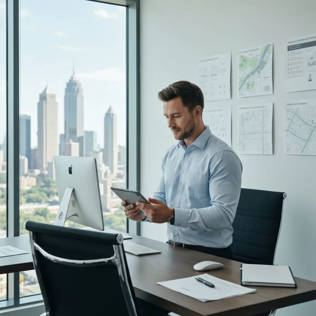 Professional property manager in modern Atlanta office reviewing digital tablet showing Airbnb listings, with floor-to-ceiling windows revealing Atlanta skyline, bright natural lighting, realistic business setting with neighborhood maps on wall