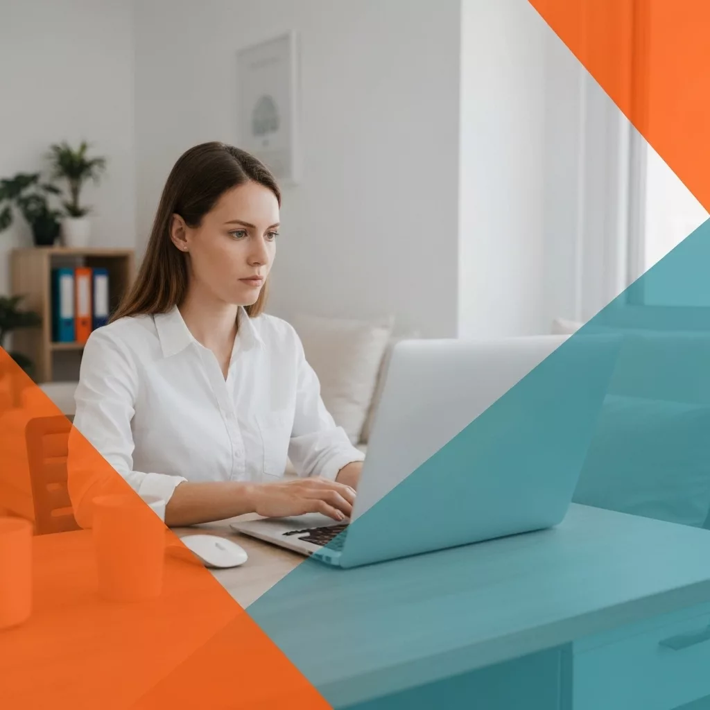 Professional property manager working on laptop in modern apartment with vacation rental keys and cleaning supplies visible, showcasing hands-on concierge service for short-term rentals in France