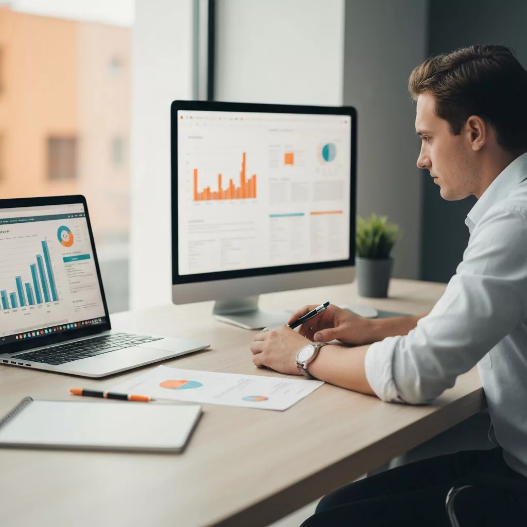 Professional property owner reviewing analytics dashboard on laptop showing booking graphs and calendar, with vacation rental keys and smartphone on wooden desk in modern bright office