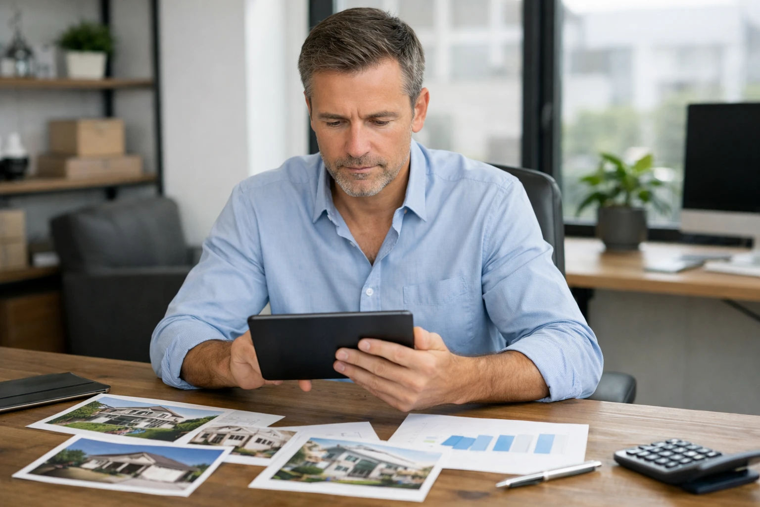Professional property owner analyzing rental feasibility documents with tablet showing occupancy rates and revenue projections, surrounded by property photos and market analysis charts on wooden desk in bright contemporary workspace