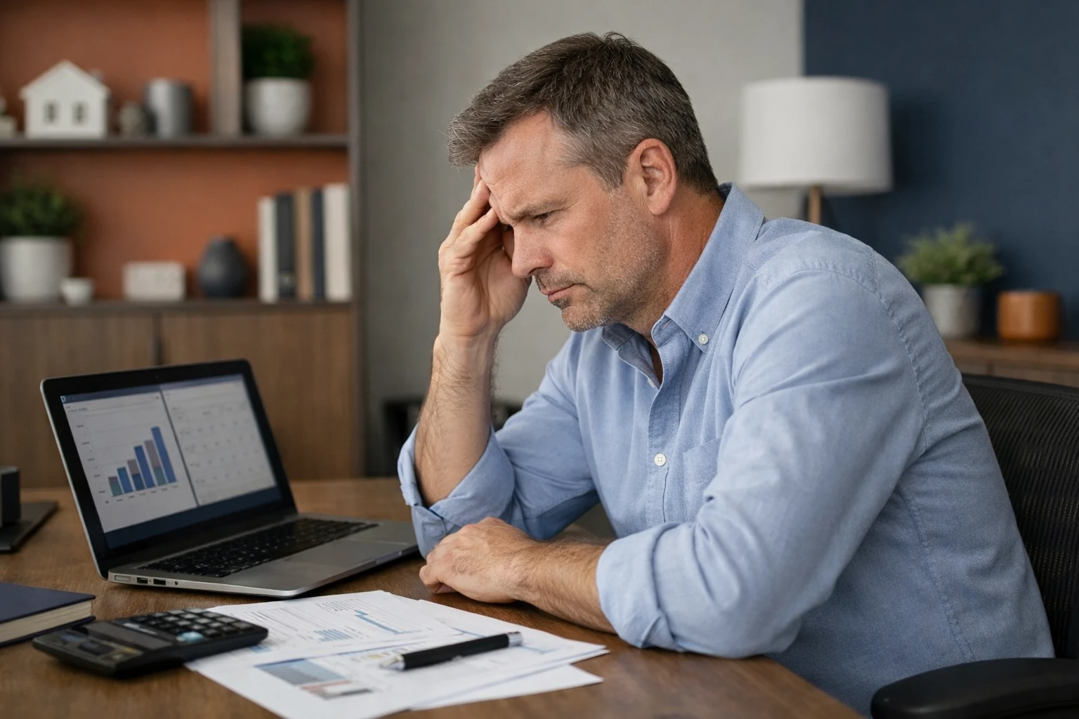 Property owner sitting at desk with laptop showing financial dashboard, frustrated expression while reviewing rental income charts and calendar, modern home office setting with rental property documents scattered on desk