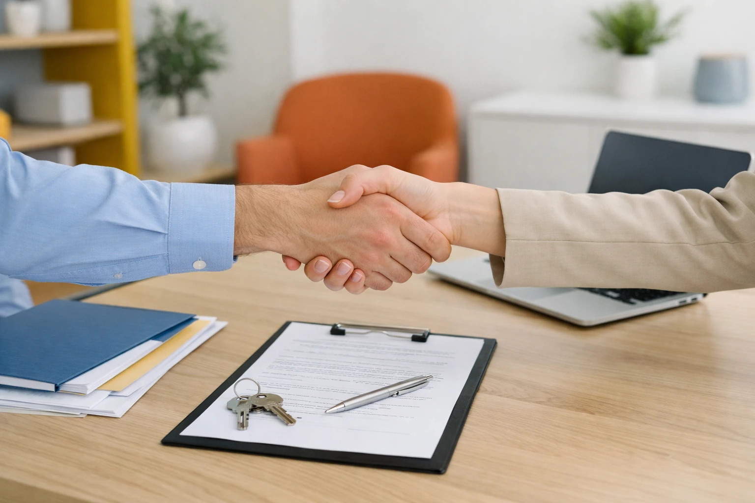 Professional handshake between property owner and concierge service representative over a rental contract on a desk with apartment keys and vacation rental documents in a bright modern office