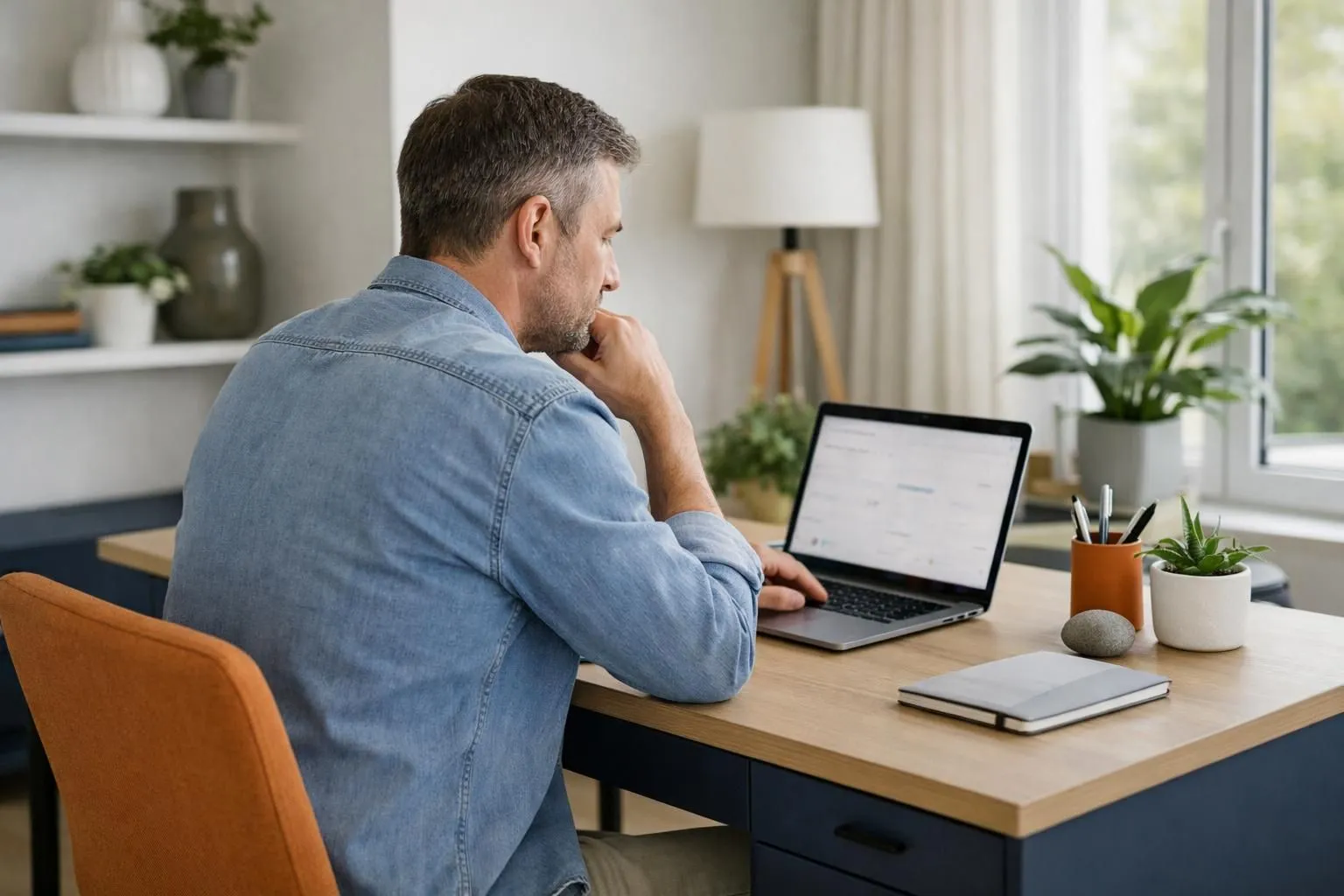 Property owner sitting at modern desk analyzing rental performance data on laptop screen showing colorful graphs and dashboard metrics, bright home office with plants and natural light, realistic photography style