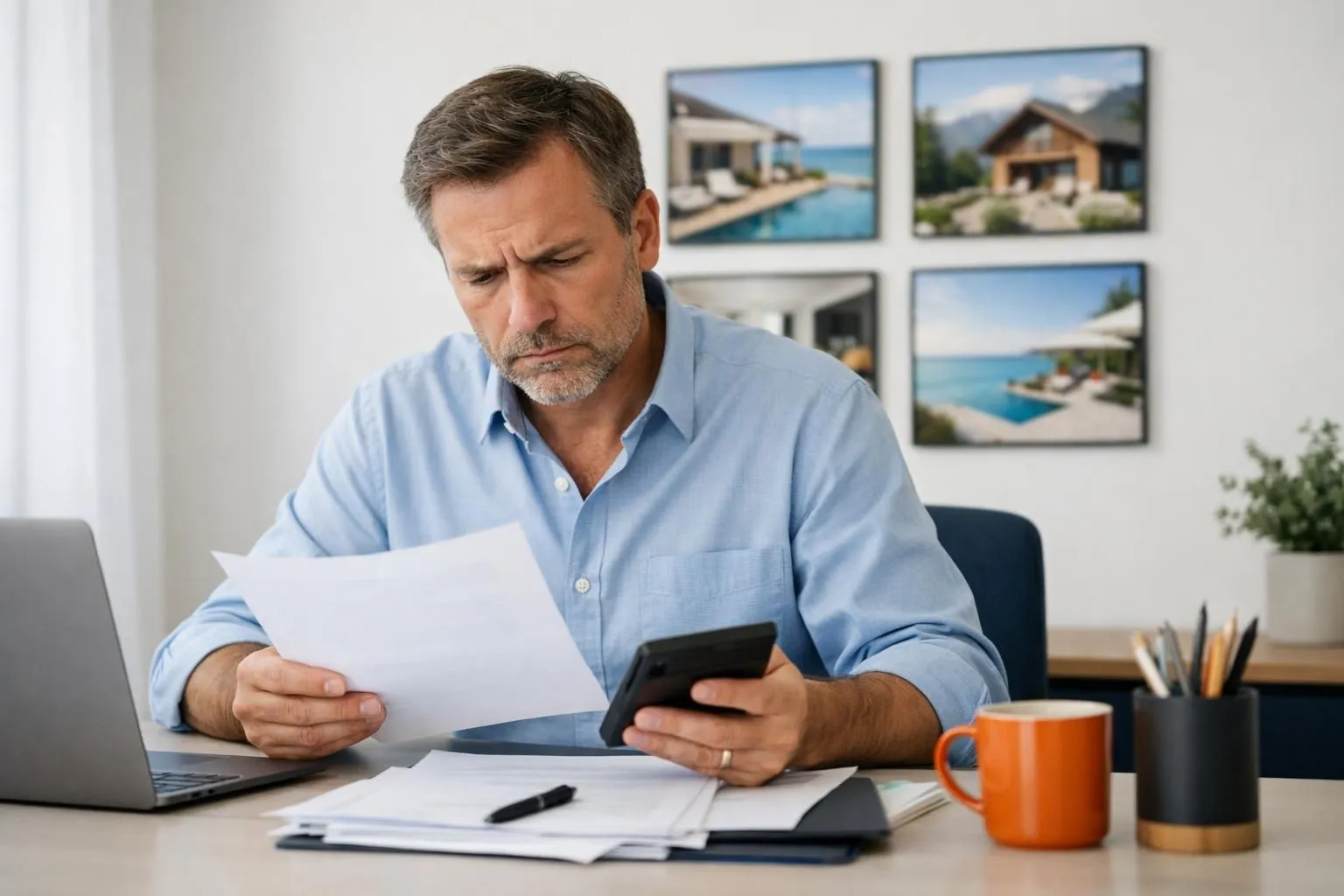 Property owner reviewing service contract with calculator and documents spread on desk, worried expression while examining hidden fees, modern home office with vacation rental photos on wall, natural lighting, photorealistic style