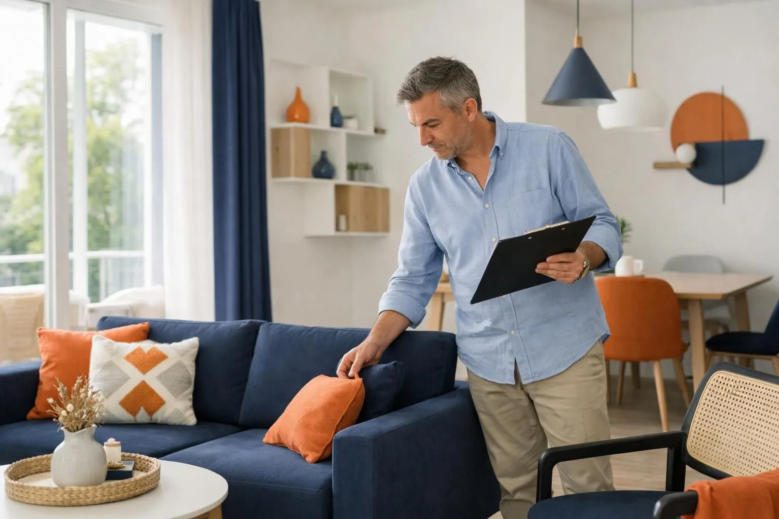 Professional property manager in casual business attire holding tablet and clipboard while inspecting modern vacation rental living room, checking furnishings and cleanliness details, bright natural lighting through large windows, contemporary French interior design