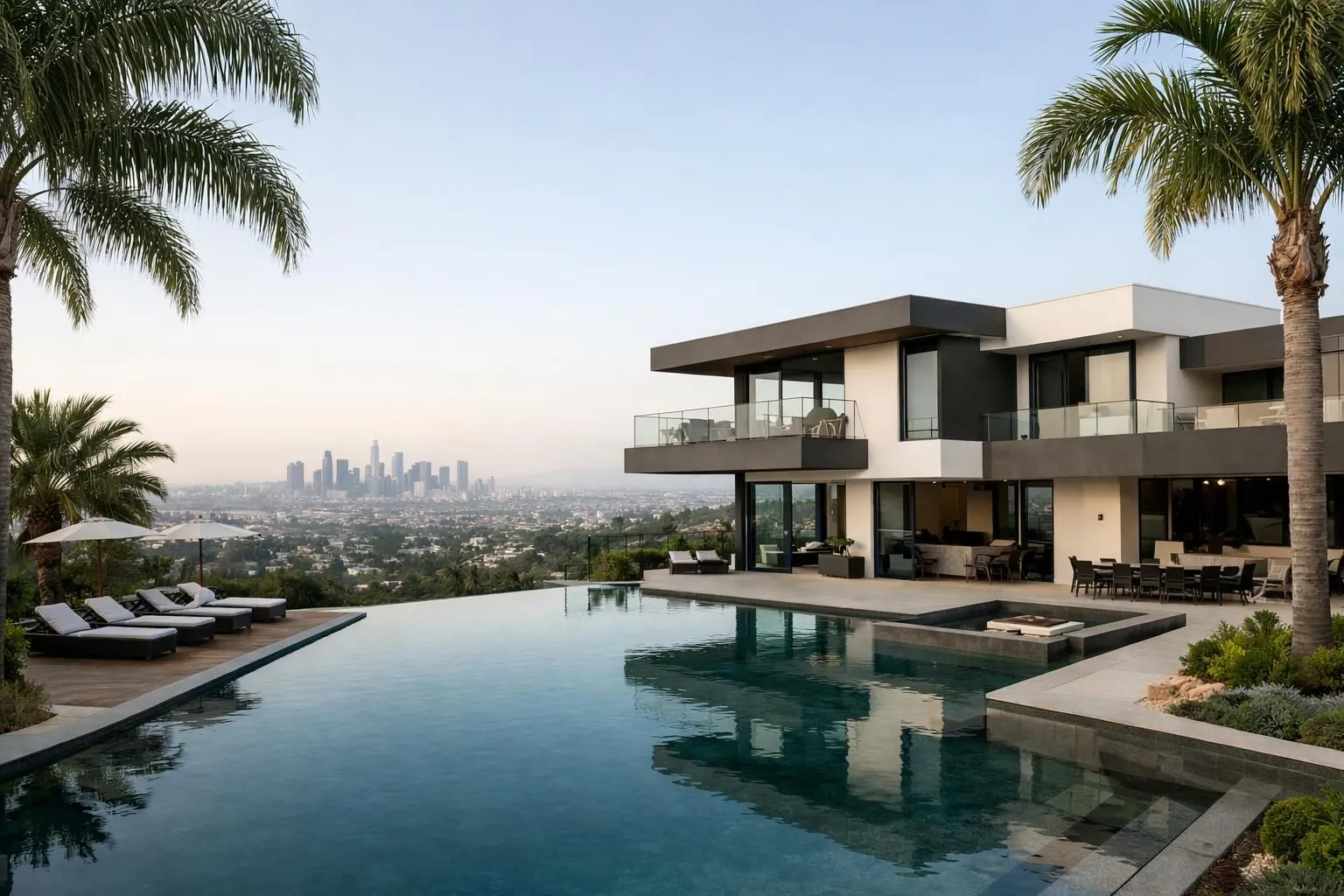 Modern luxury home with infinity pool overlooking downtown Los Angeles skyline at golden hour, palm trees in foreground, showcasing premium short-term rental property in Southern California