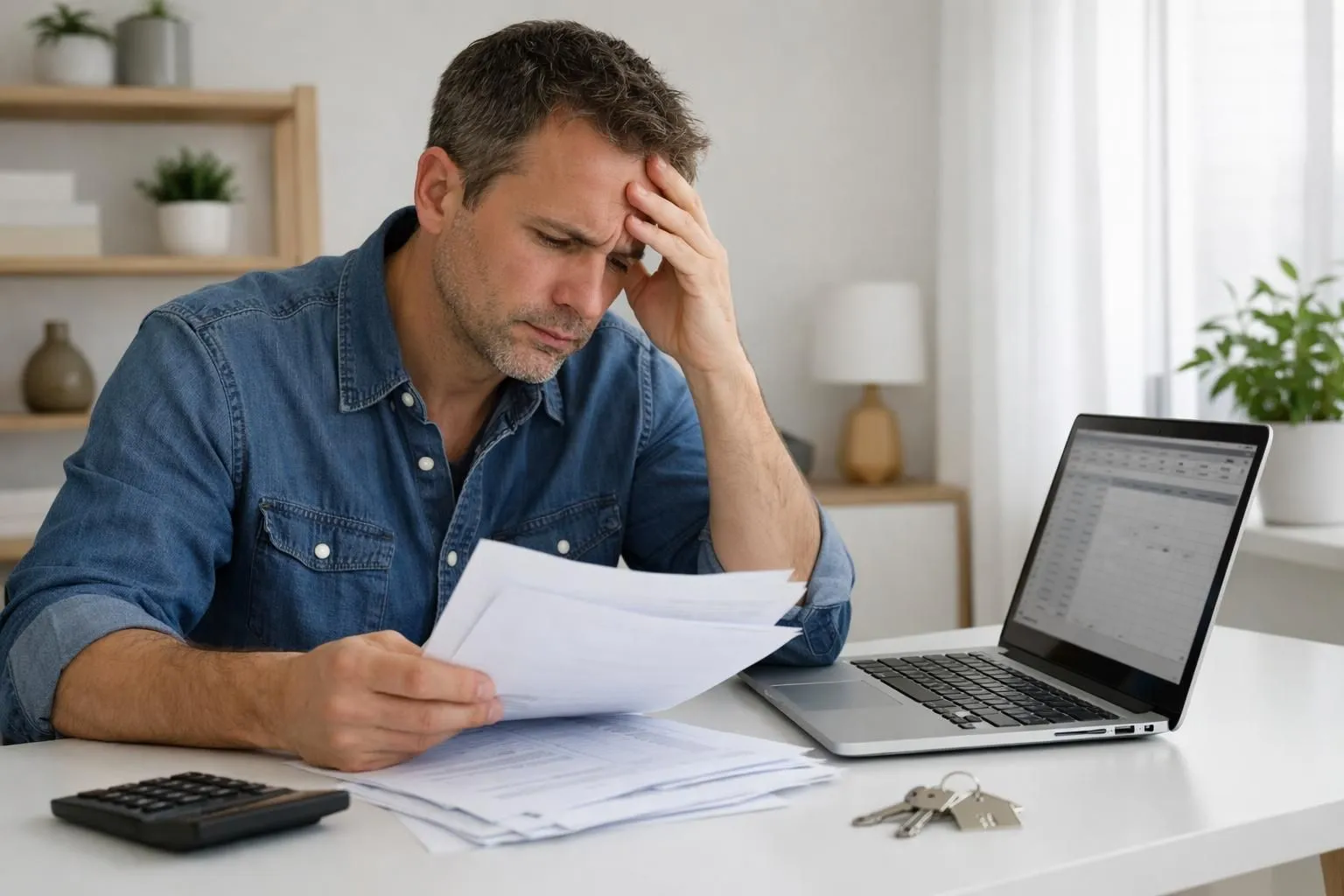 Property owner reviewing rental income spreadsheet on laptop with calculator and financial documents on modern desk, worried expression while comparing gross versus net profitability figures, bright home office with property keys visible