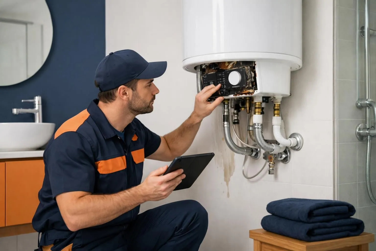 Property manager with tablet inspecting broken water heater in modern vacation rental apartment bathroom, checking pipes and control panel, professional maintenance scene