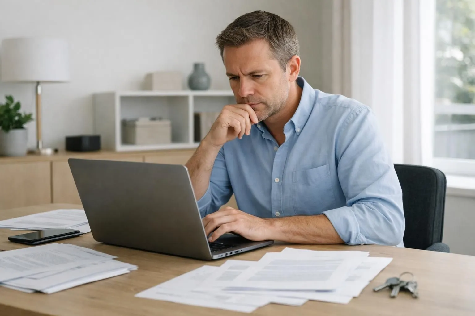 Professional property owner sitting at desk reviewing legal documents and regulations on laptop screen with concerned expression, official papers spread on wooden table, modern home office setting with rental property keys visible, natural lighting, photorealistic style